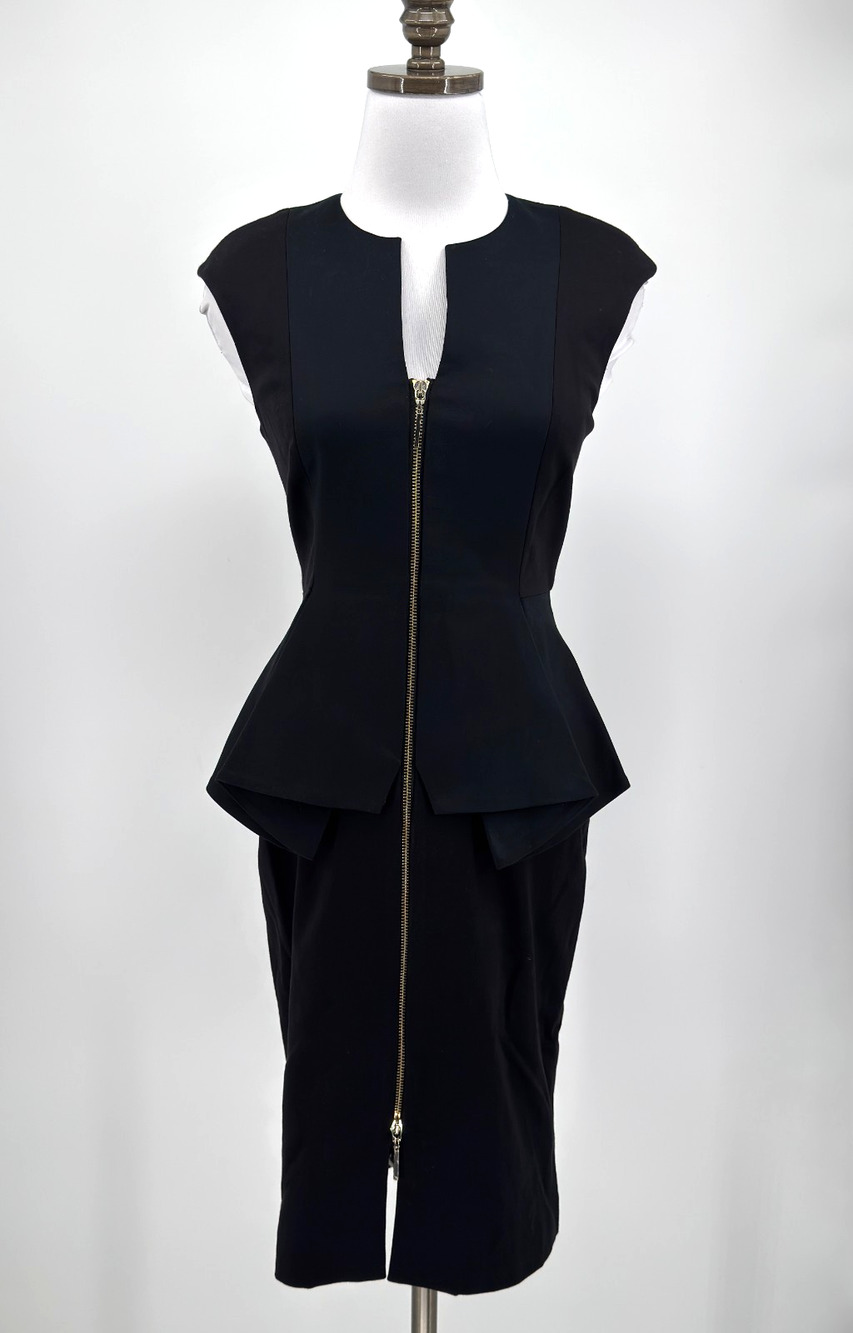 Ted Baker Jamthun Black Structured Zip Front Peplum Sheath Dress Sz 1/S NEW